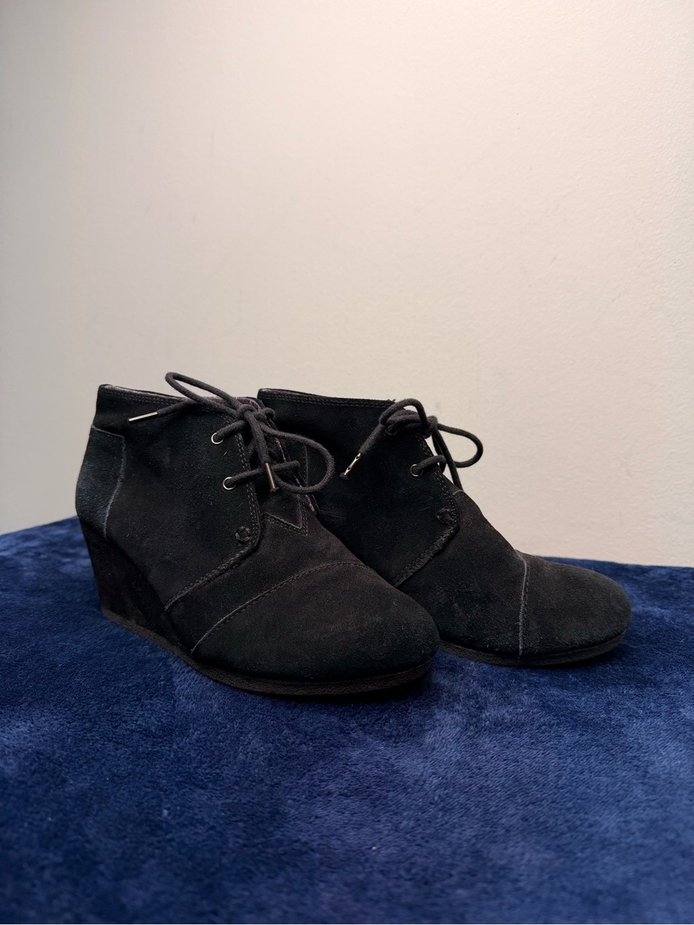 BOBS from Skechers Black Suede Lace-Up Wedge Ankle Booties